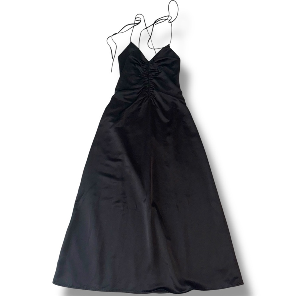 NWT Jason Wu Black Satin Tie Strap Low Back Slip Midi Dress Ruched Size XS